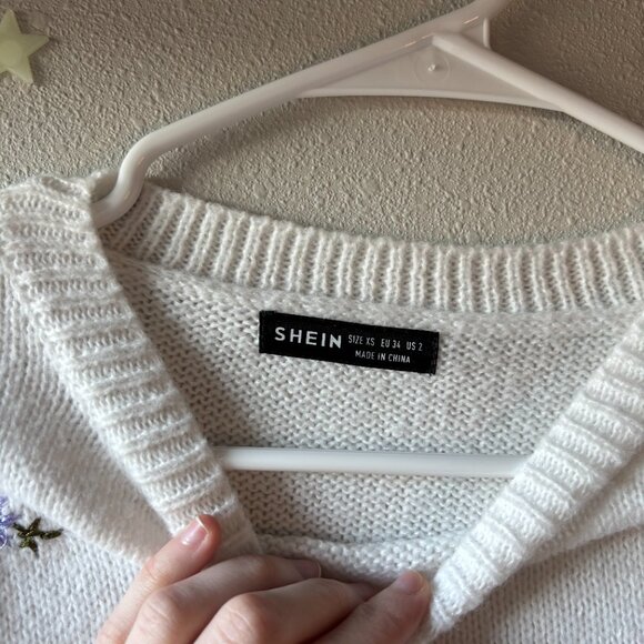 SHEIN XSmall Floral Embroidered White Long Sleeve Sweater - Picture 3 of 8